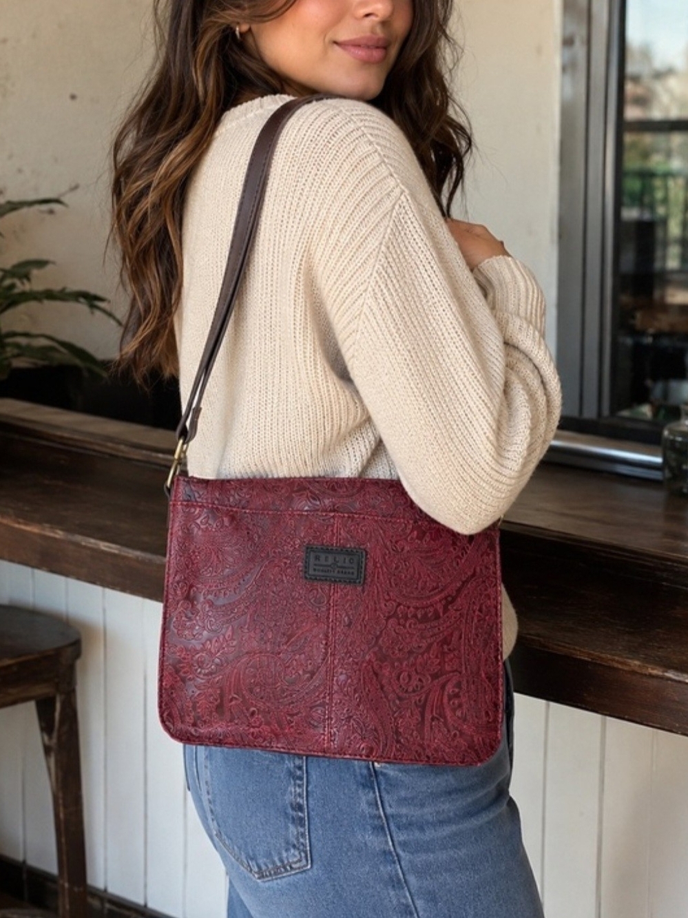 Relic Embossed Paisley Crossbody Bag in Burgundy Made By Fossil